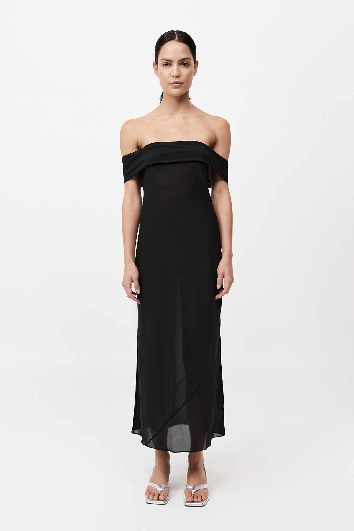 Silk Off Shoulder Dress - Black - 2