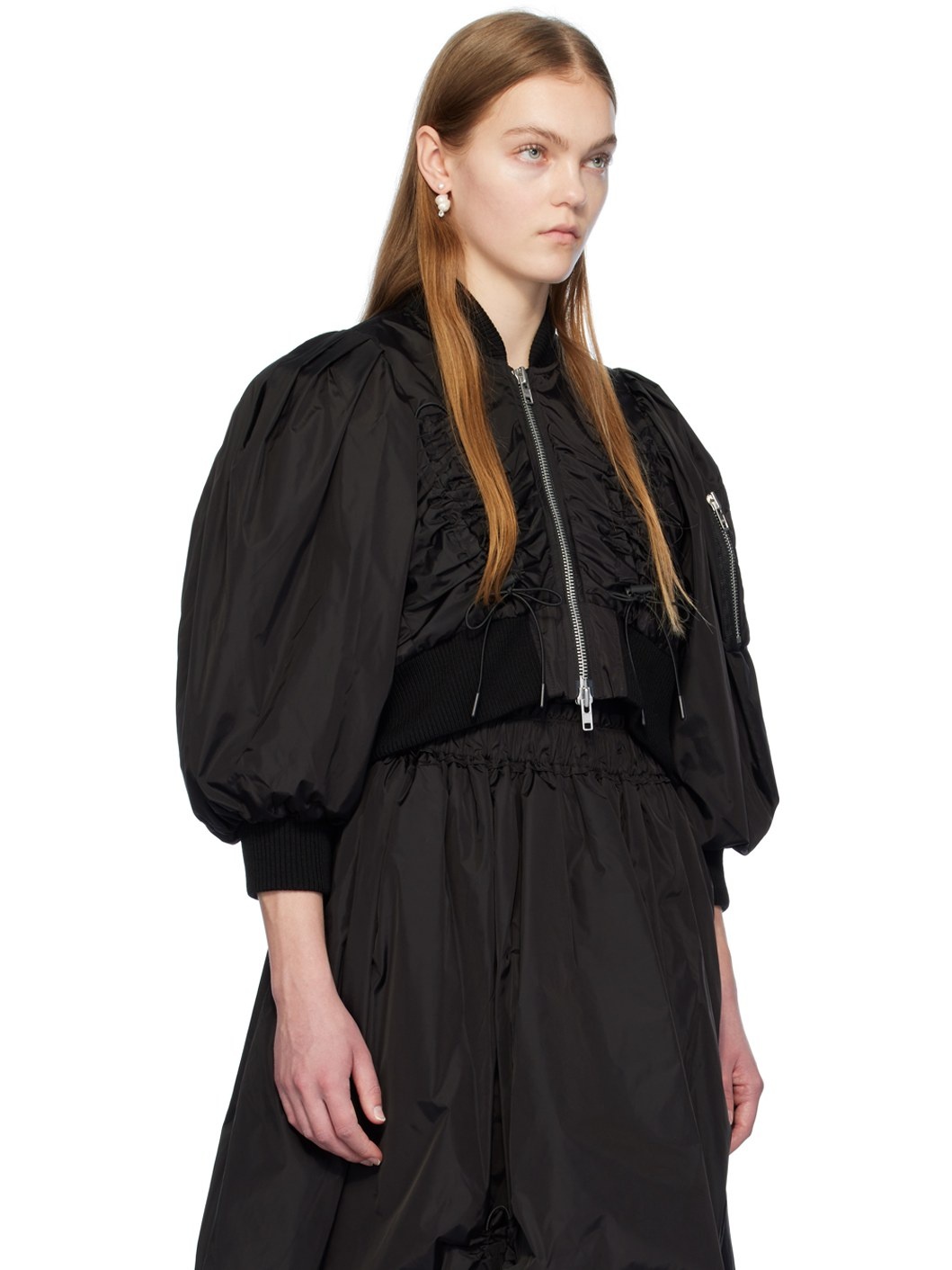 Black Cropped Bomber Jacket - 2