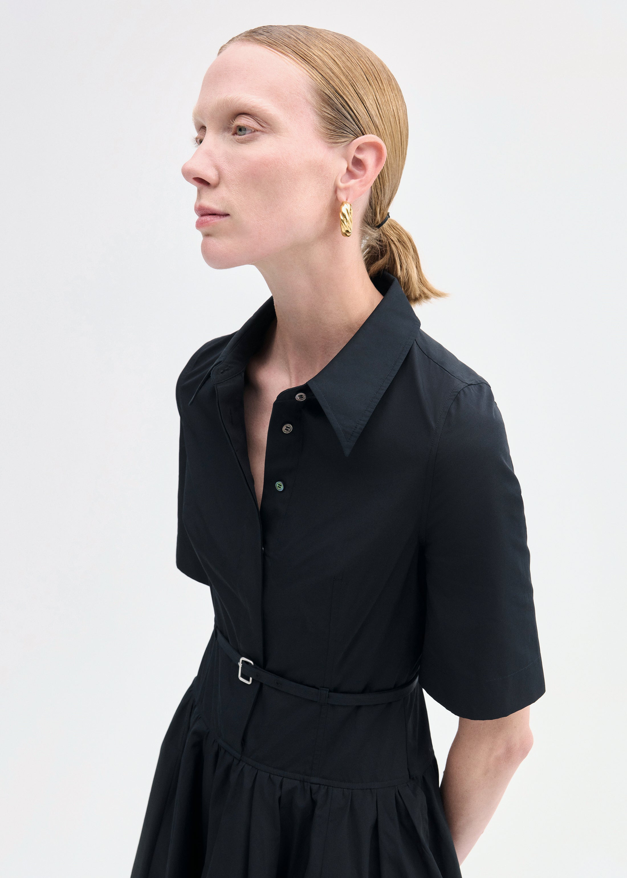 Short Sleeve Belted Dress in Cotton Poplin - 5