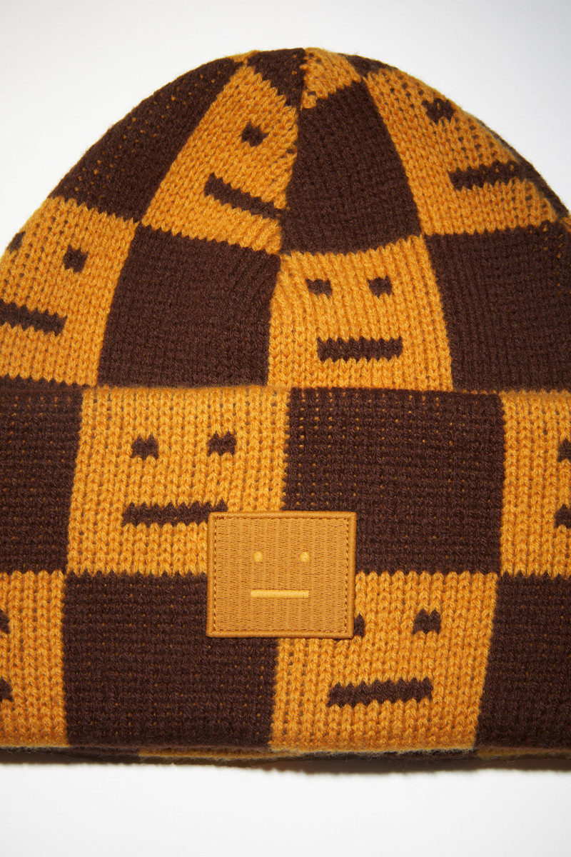 Jacquard knit beanie hat - Ochre orange/coffee brown 4