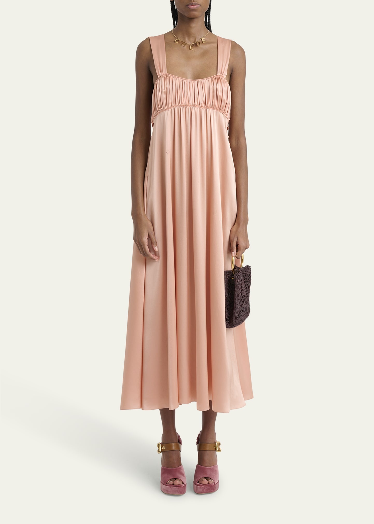 Sleeveless Shirred Silk Satin Midi Dress - 2