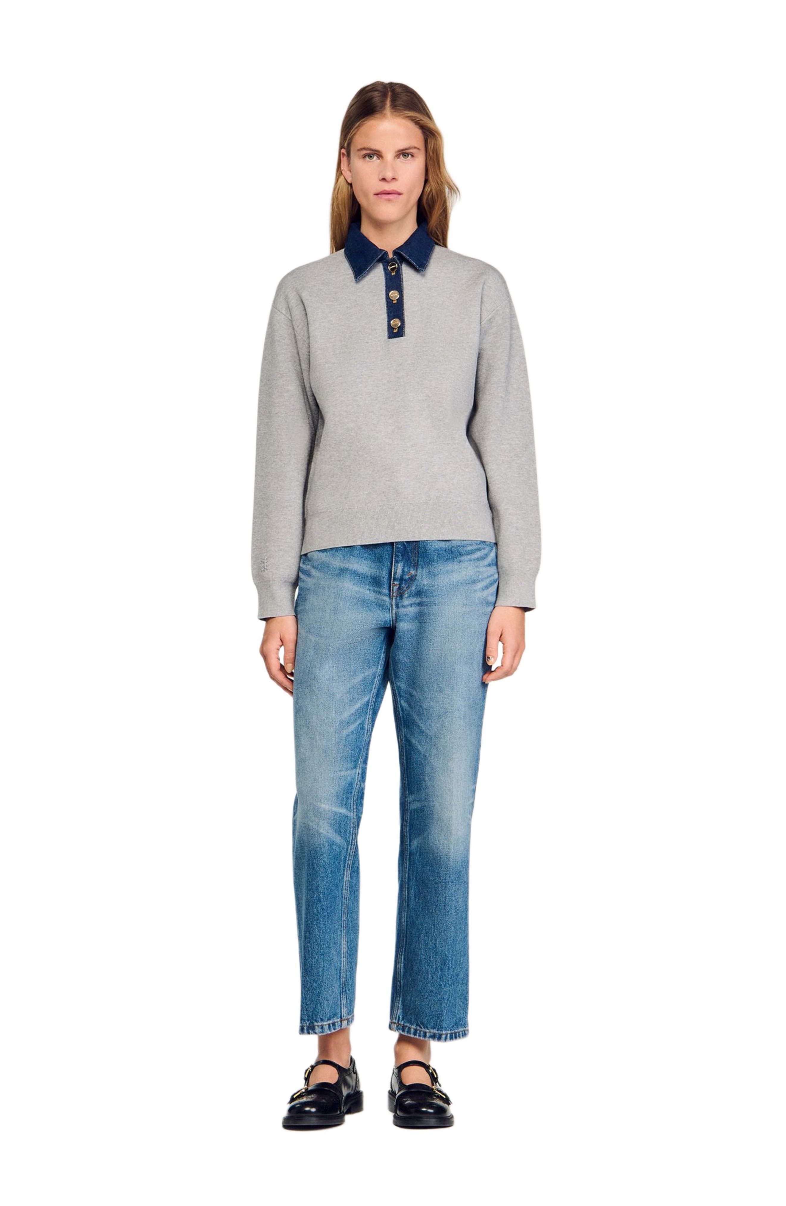 SANDRO Sweater with denim collar in Grey at Nordstrom - 2