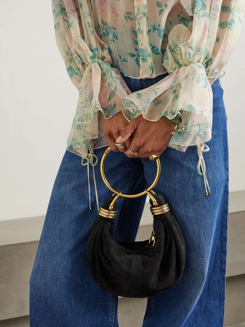 Chloé Bracelet small embellished leather-trimmed suede shoulder bag Black outlook