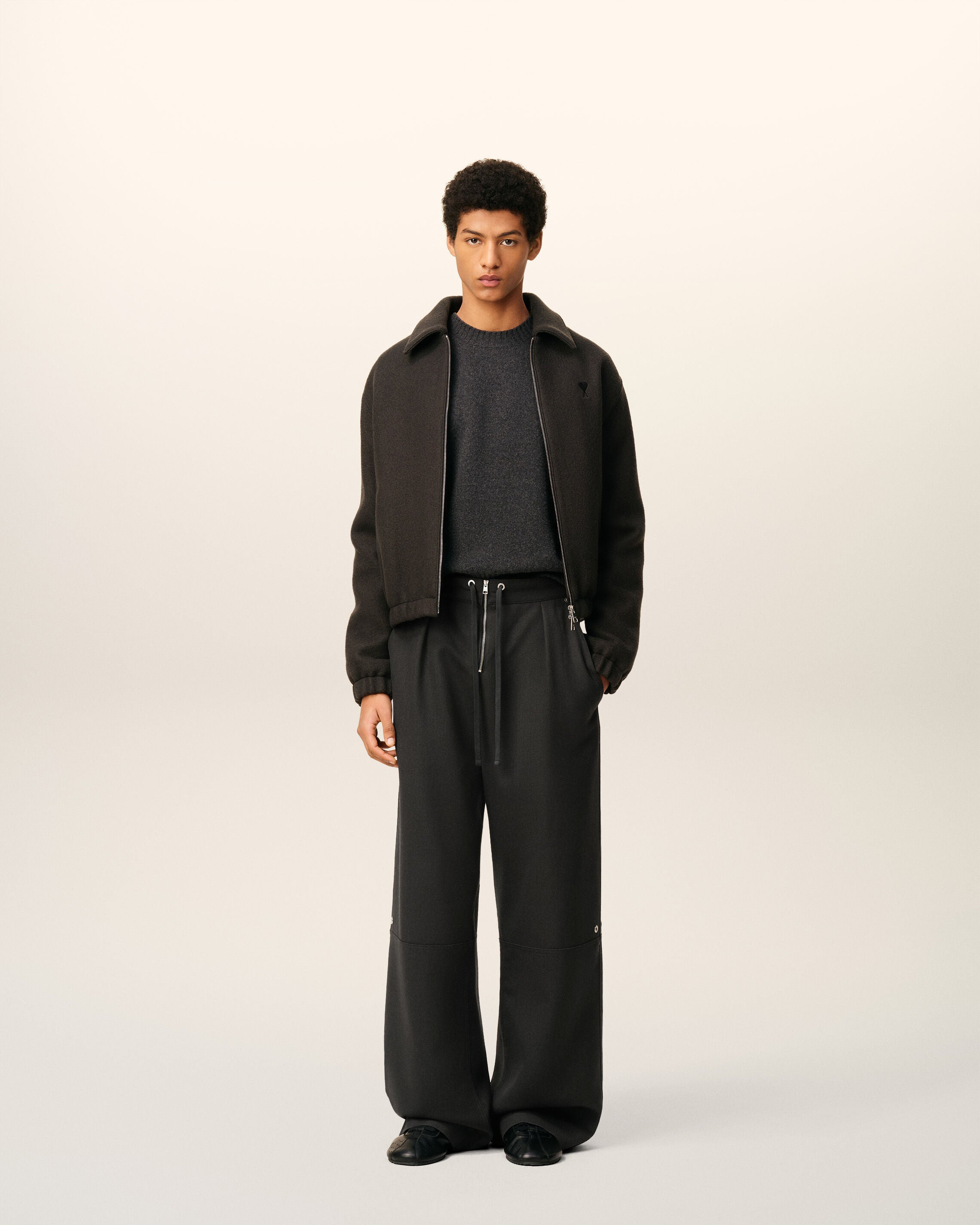 BLACK WOOL ZIPPED TROUSERS - 2
