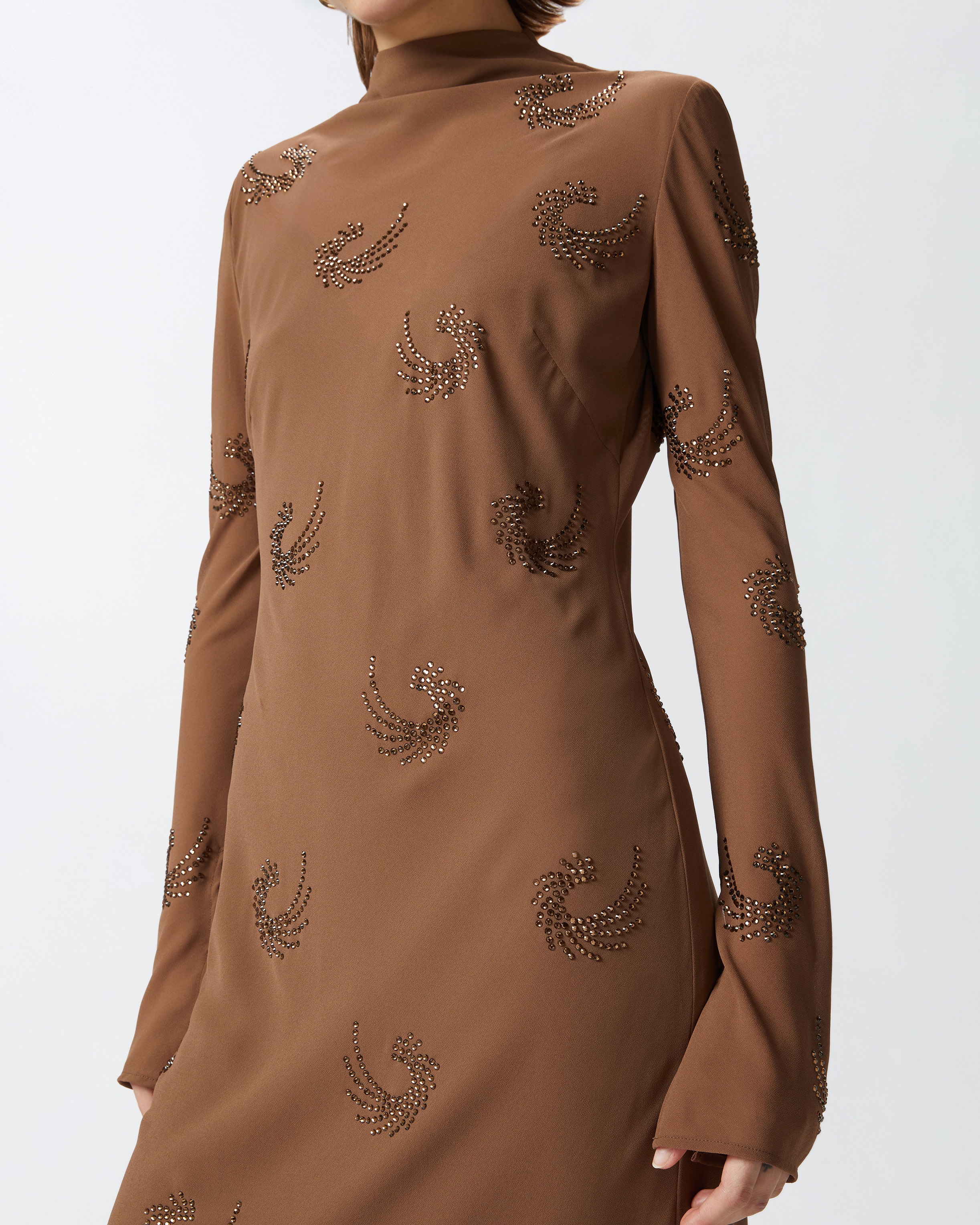 LONG HIGH-NECK DRESS WITH RHINESTONE SWIRLS - 5