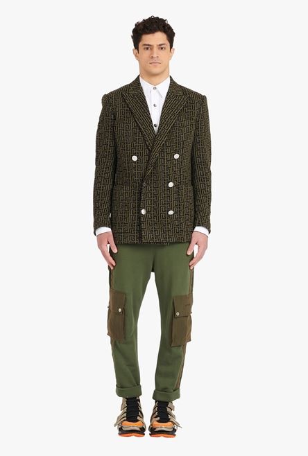Khaki and black jacquard blazer with Balmain monogram - 4