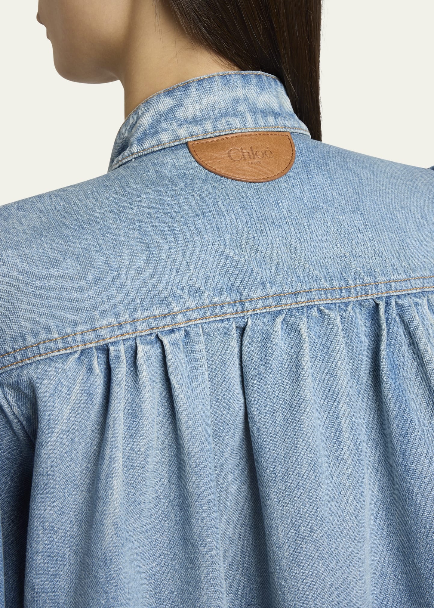 Long High Neck Gathered Denim Jacket - 5