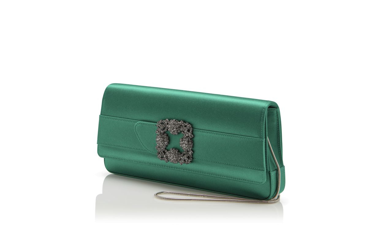 Bright Green Satin Jewel Buckle Clutch - 3