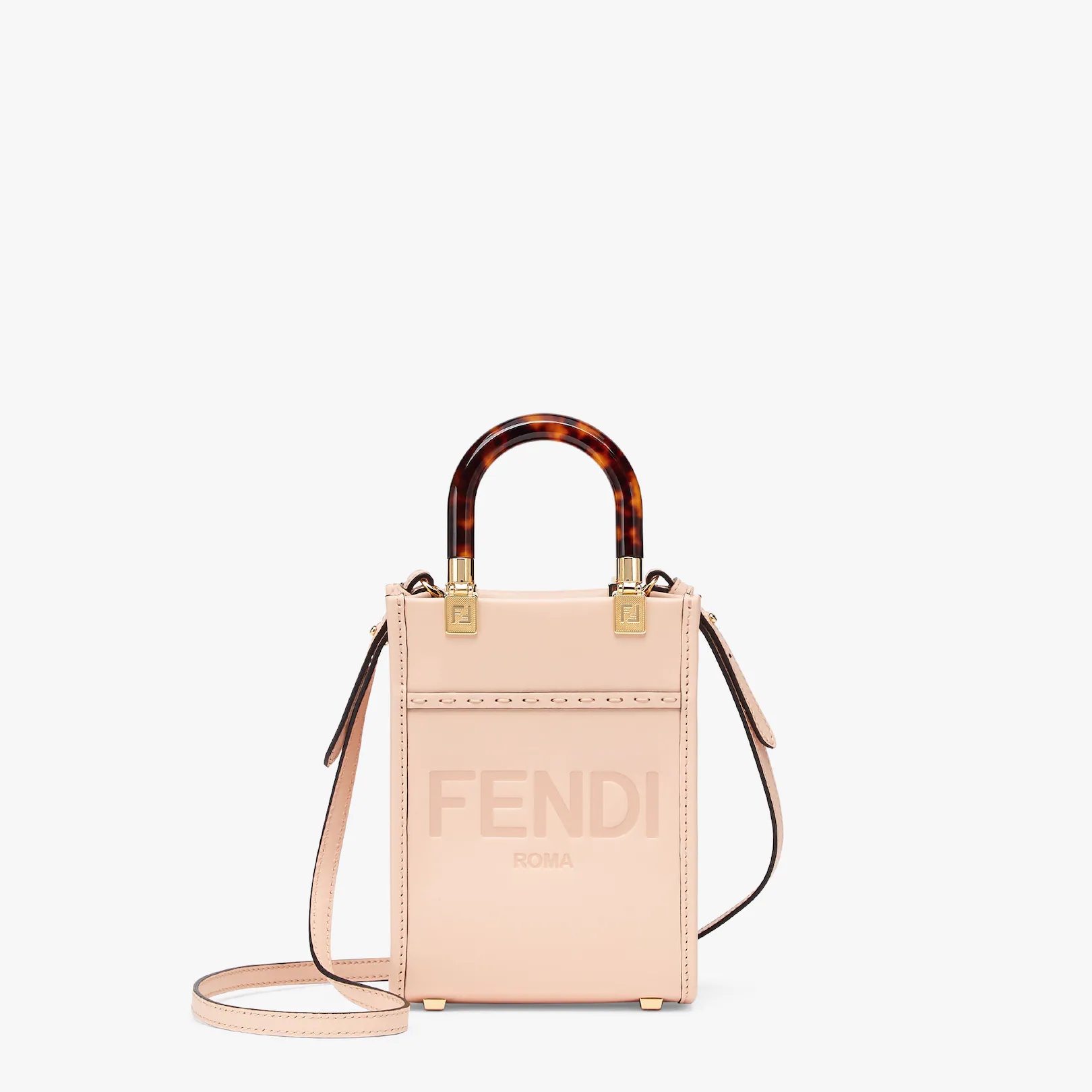 Mini Sunshine Shopper bag in pale pink leather with hot-stamped FENDI ROMA print and tortoiseshell-e - 1
