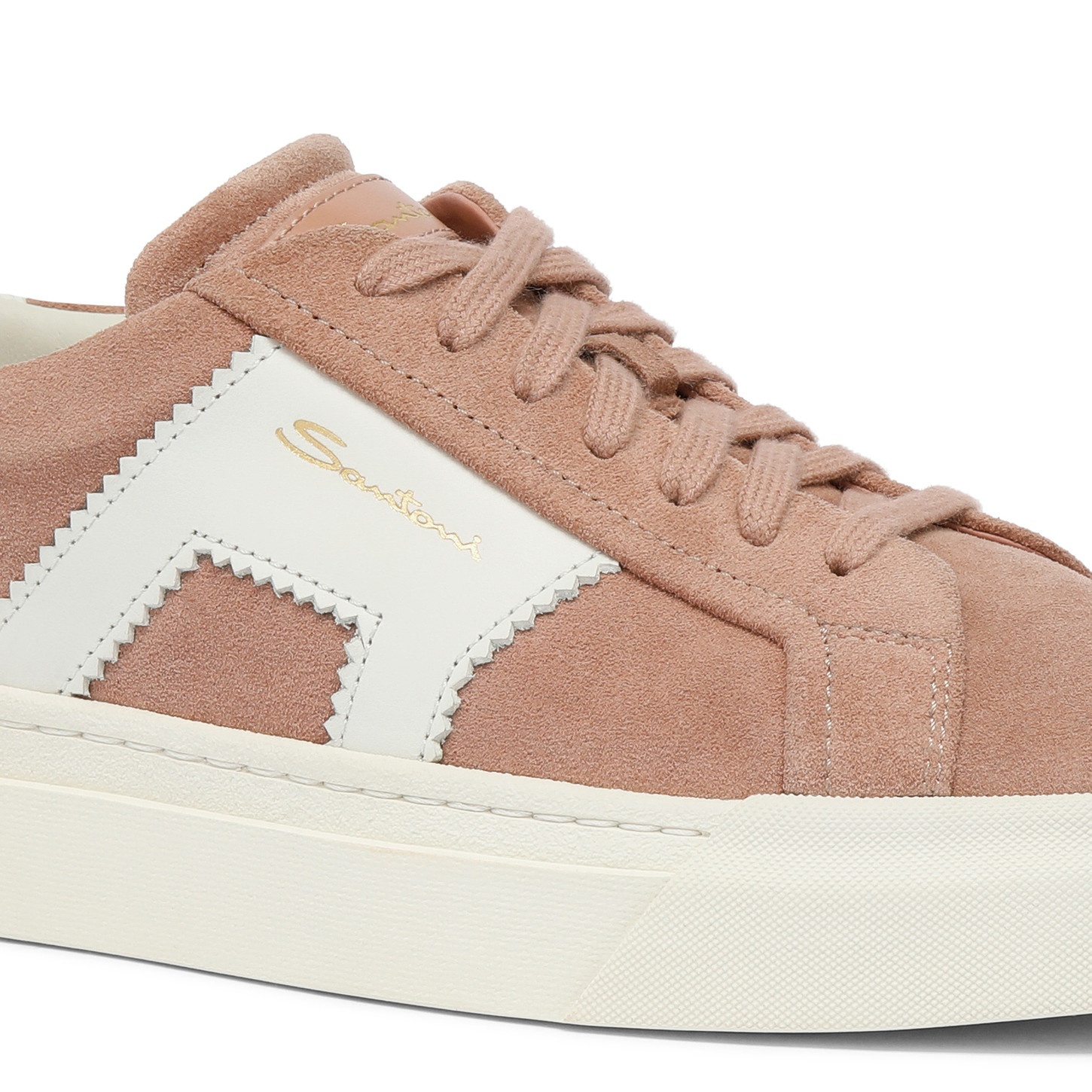 Women’s pink and white suede and leather double buckle sneaker - 6