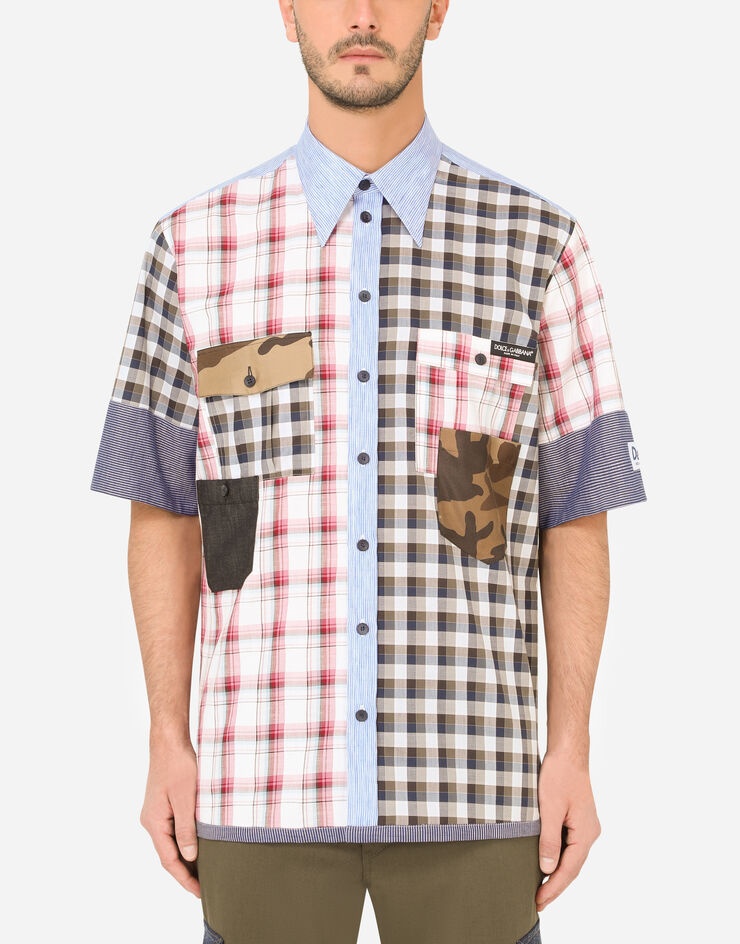 Short-sleeved mixed-fabric patchwork shirt - 2