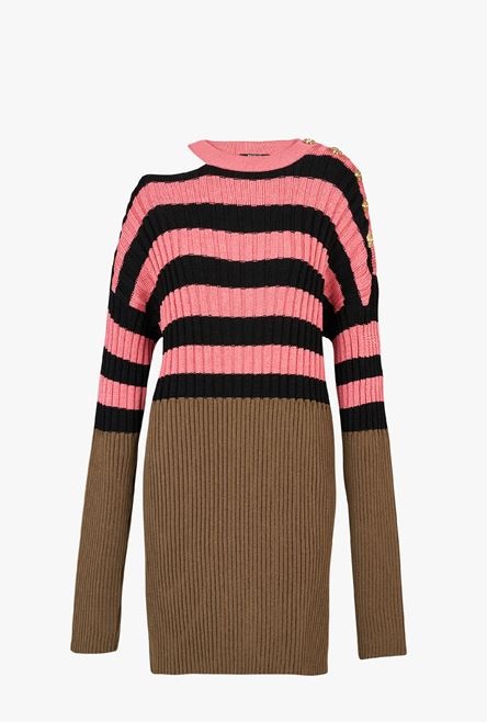 Salmon pink and black striped eco-designed wool dress - 1