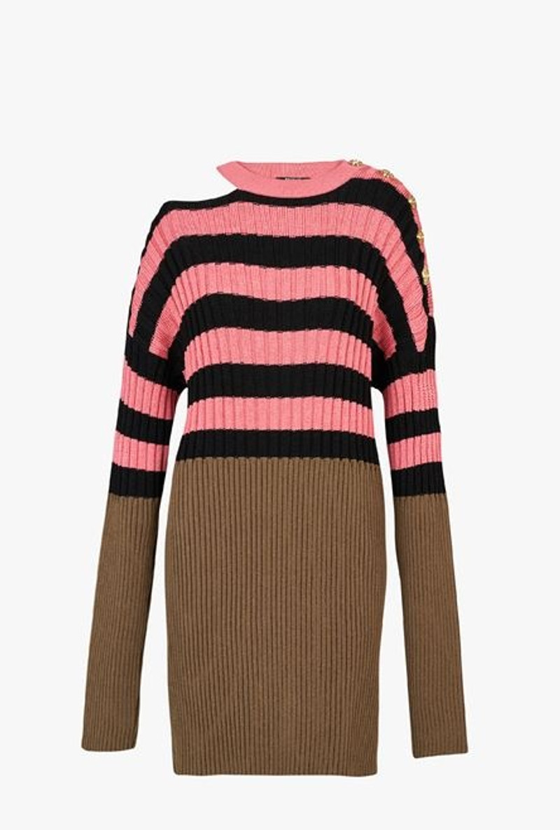 Salmon pink and black striped eco-designed wool dress 1