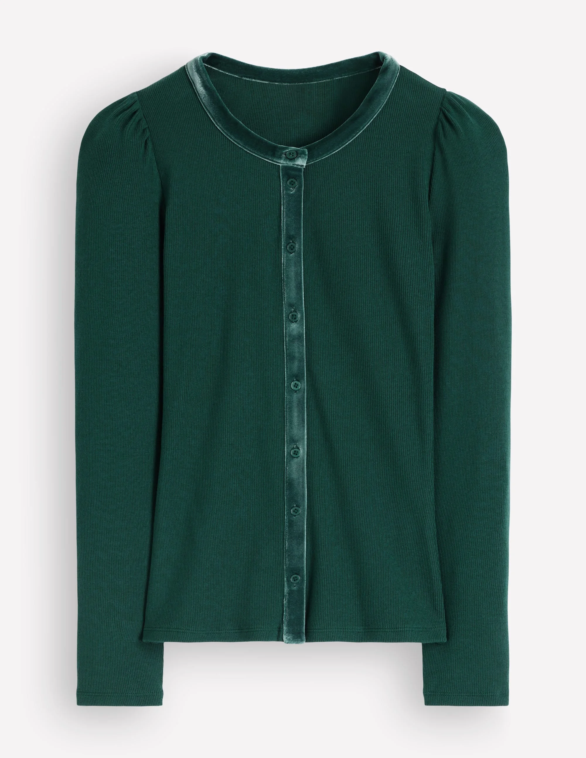 Velvet Trim Ribbed Cardigan-Green Pine - 1