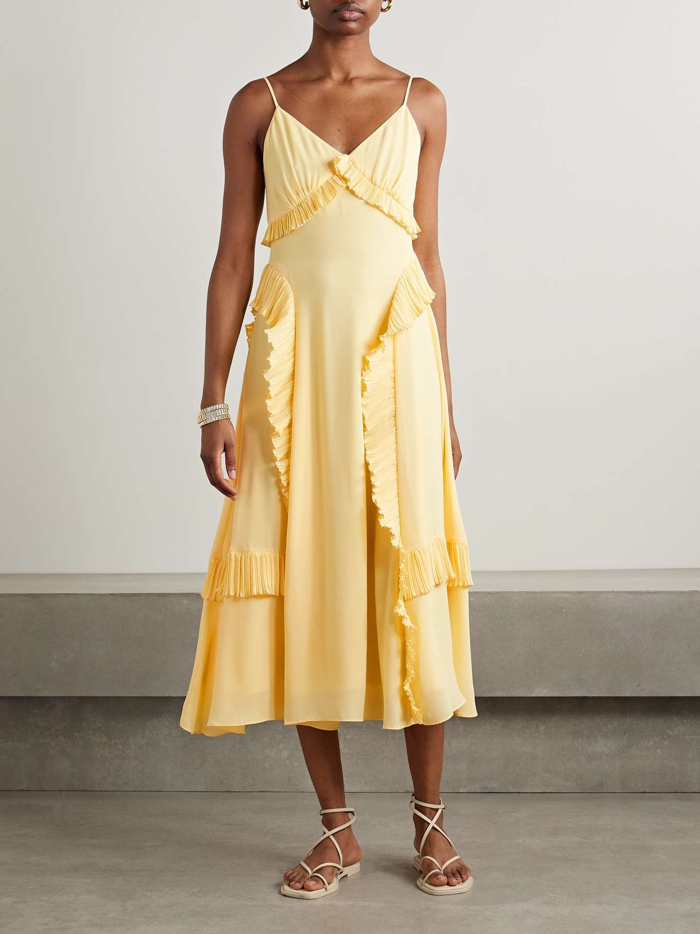 Delilah ruffled plissé-trimmed crepe de chine midi dress Pastel yellow - 3