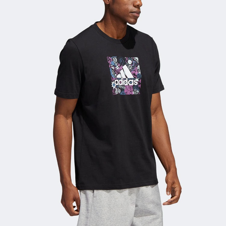 Men's adidas Cartoon Graffiti Alphabet Logo Pattern Printing Round Neck Short Sleeve Black T-Shirt I - 4