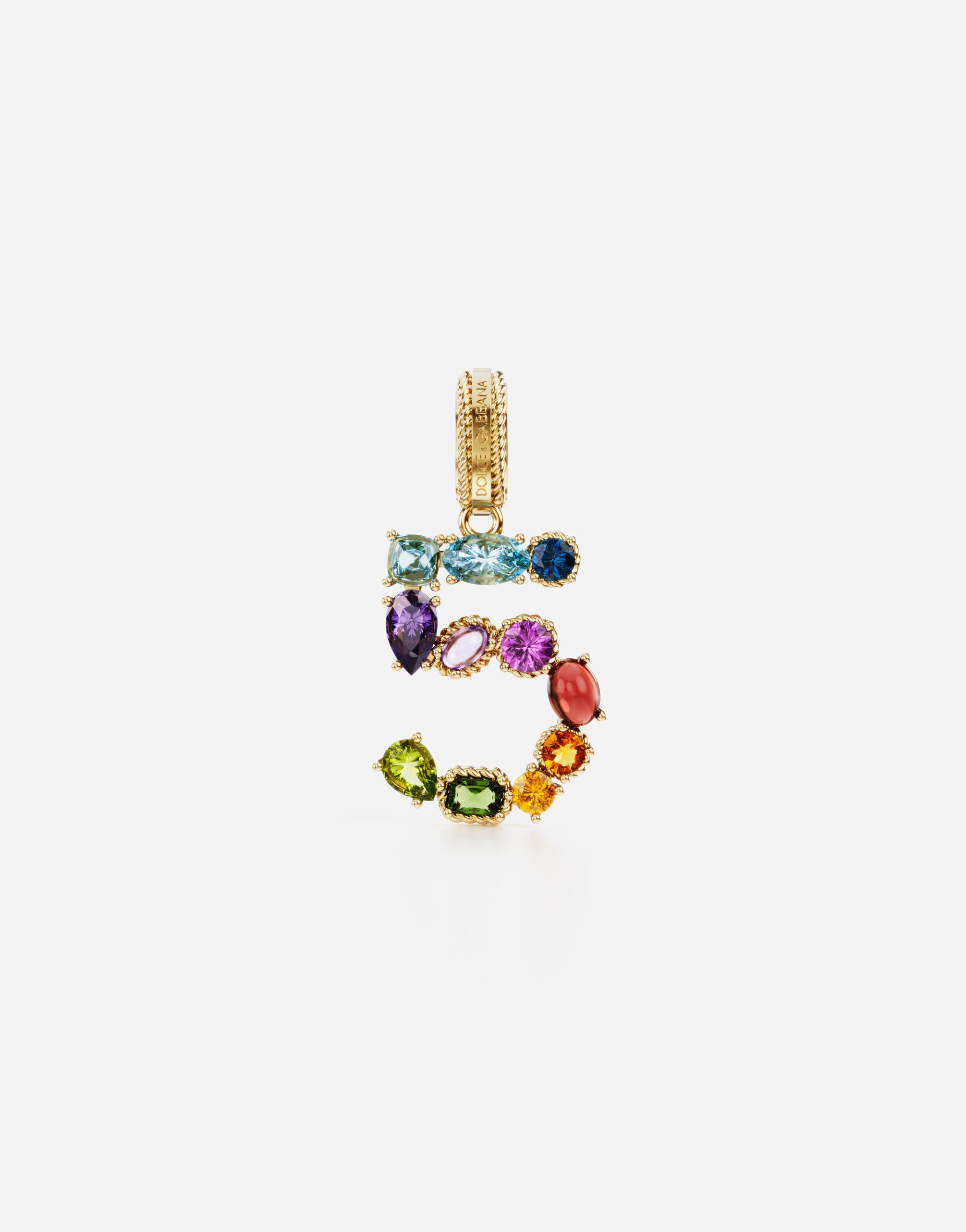 18 kt yellow gold rainbow pendant  with multicolor finegemstones representing number 5 - 1