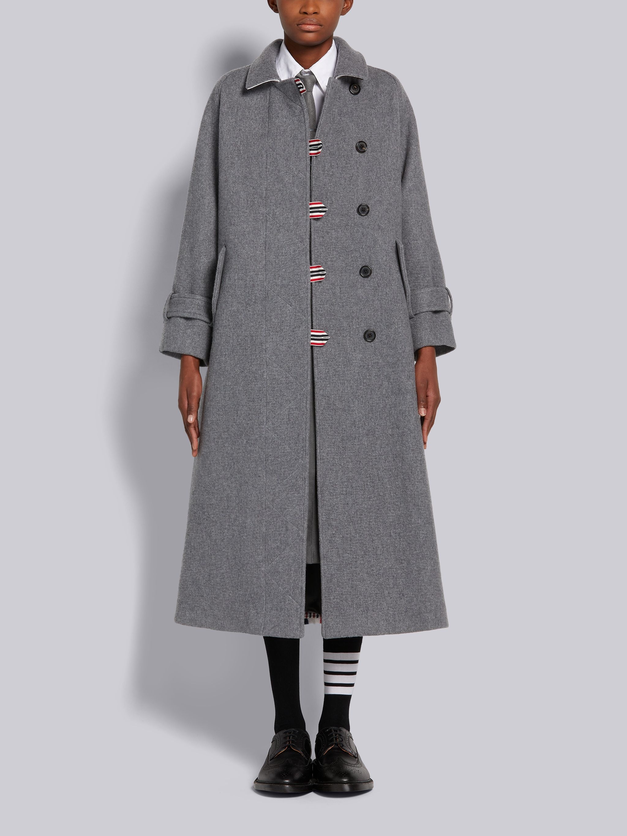 Medium Grey Felted Wool Cashmere Engineered Stripe Duffle Coat - 5