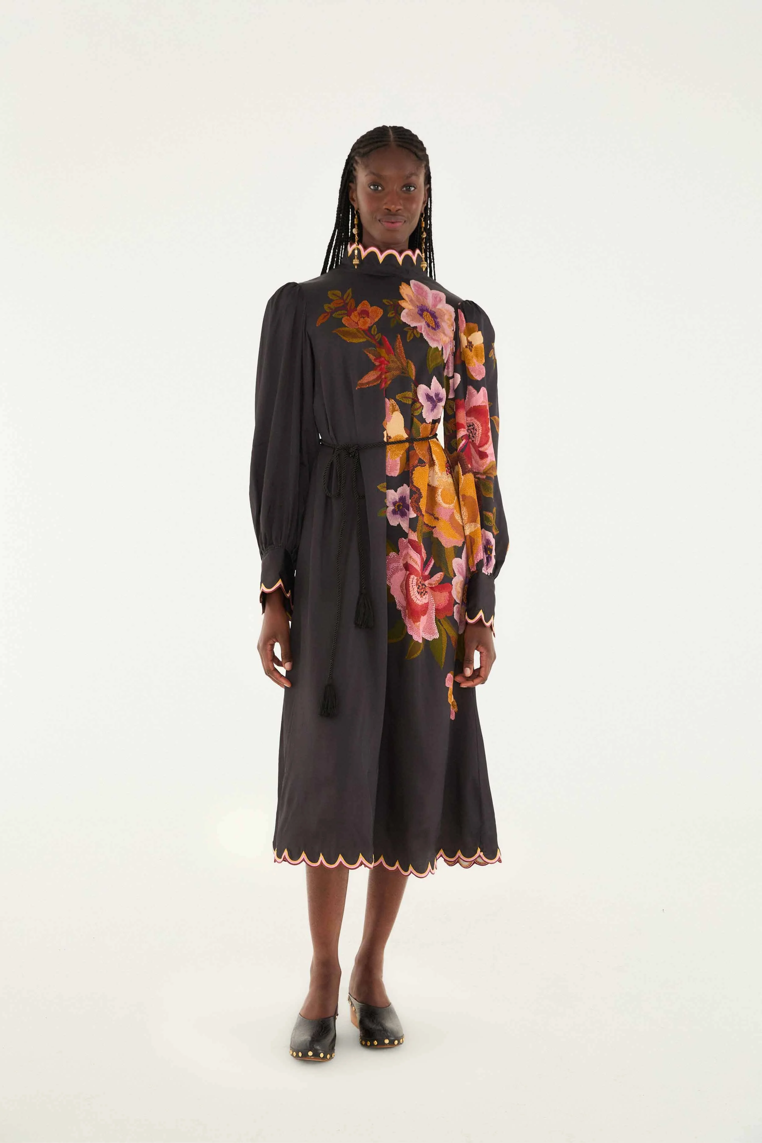 Black Chenille Flowers Lenzing™ Ecovero™ Viscose Midi Dress - 1