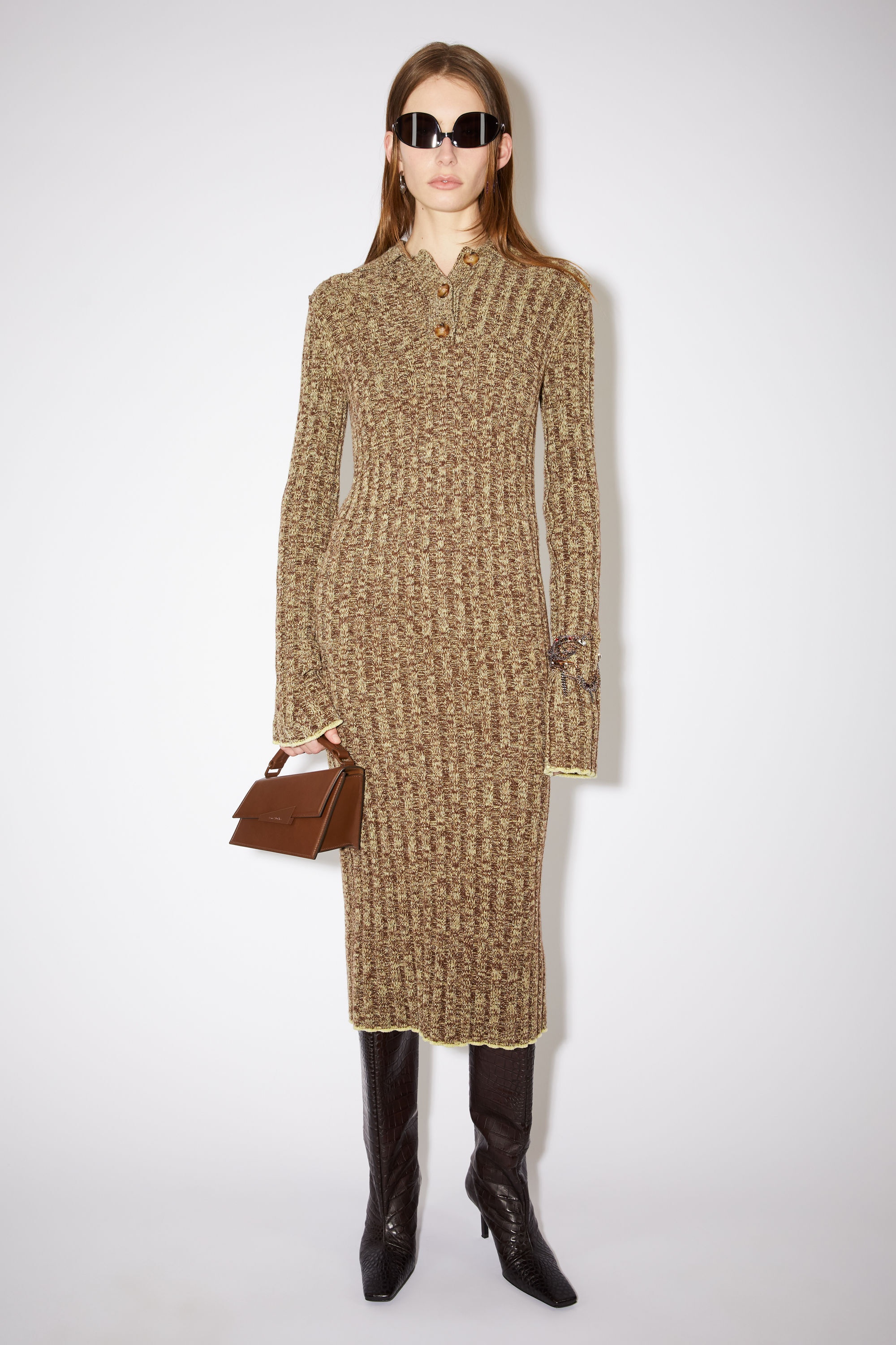 Polo ribbed knit dress - Coffee brown/pale yellow - 2