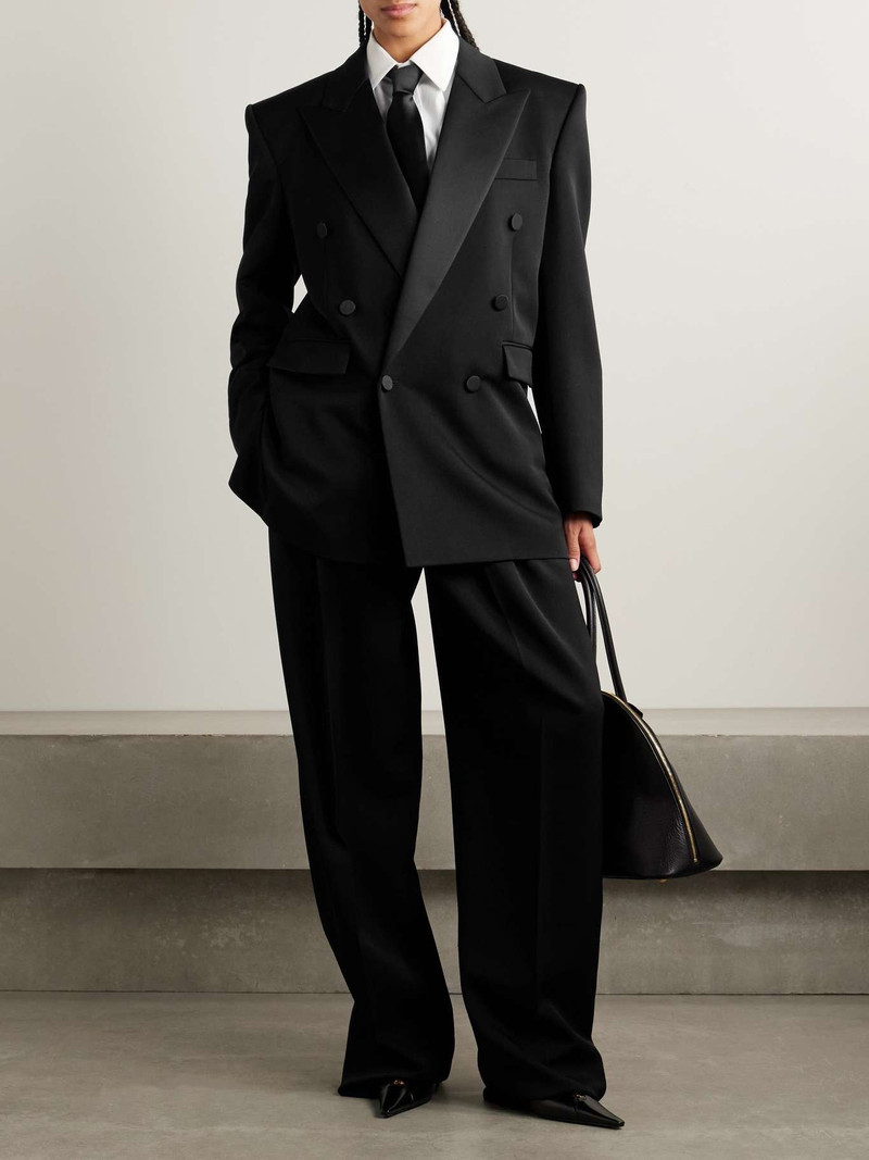 SAINT LAURENT Double-breasted satin-trimmed wool blazer Black outlook