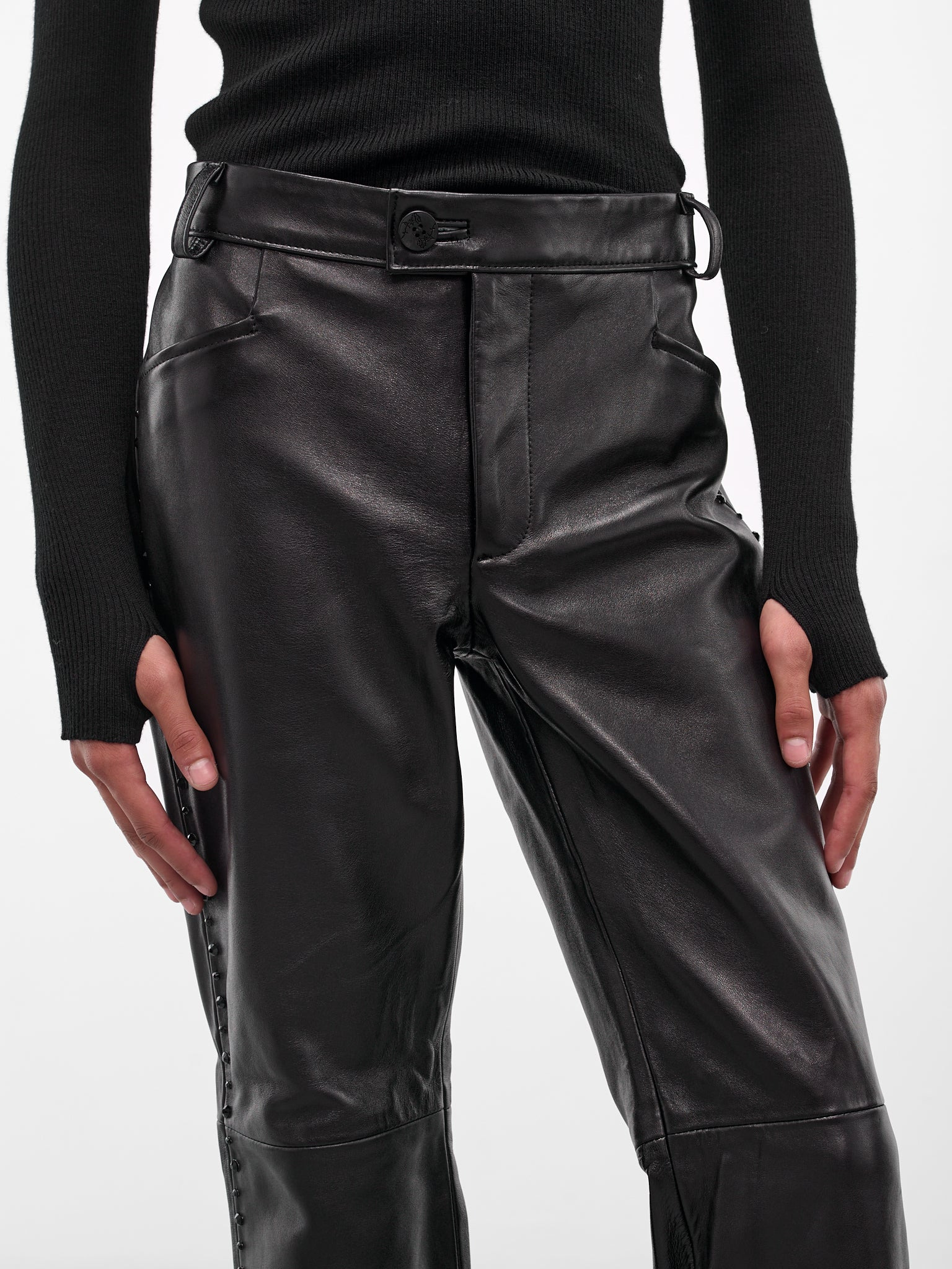 Black Leather Swarovski Flared Trousers - 4