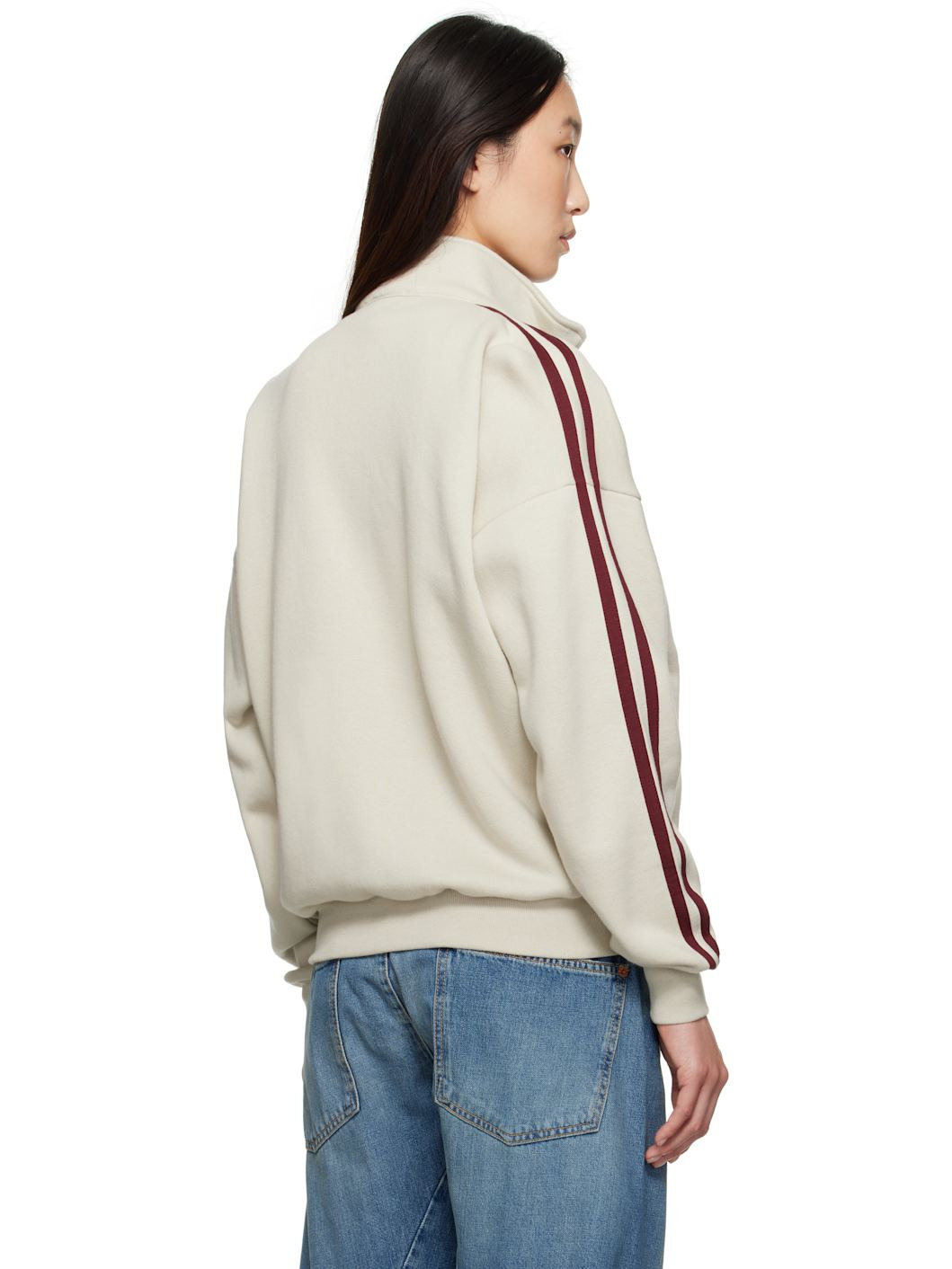 Beige & Burgundy Fleecy Track Zip Up Sweatshirt - 3