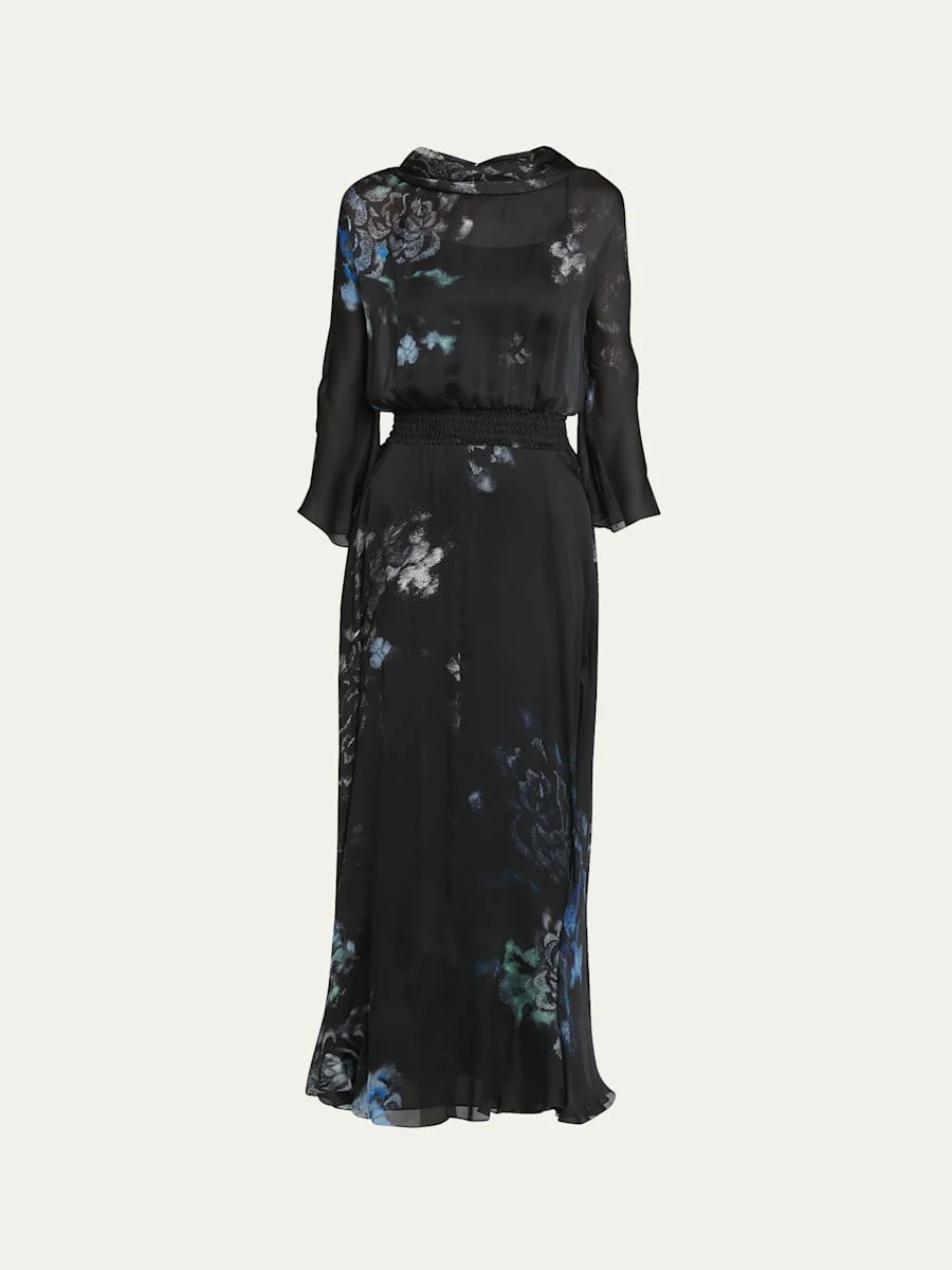 Floral Print Silk Gown with Smocked Waist - 1