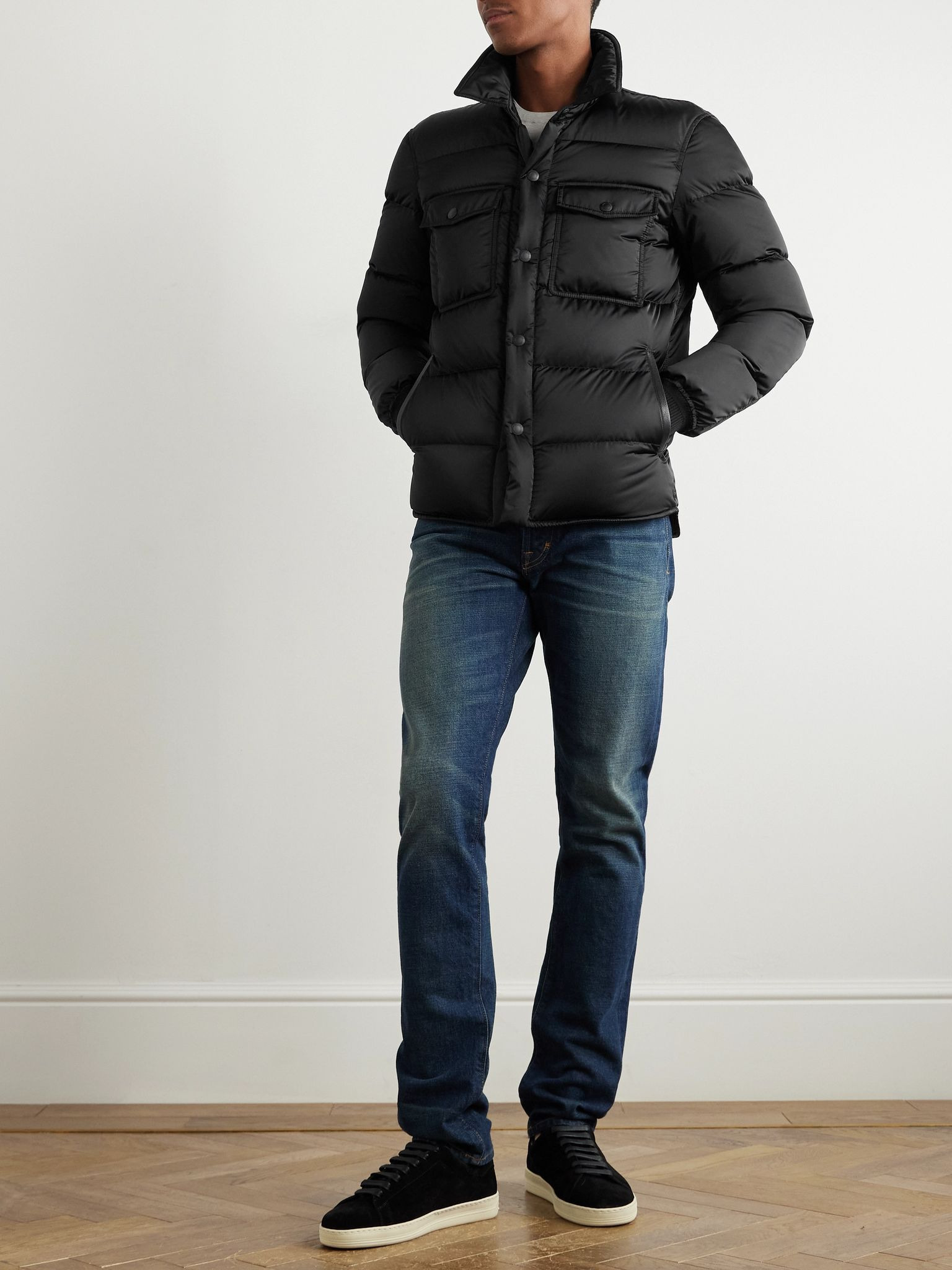 Leather-Trimmed Quilted Padded Shell Down Jacket Black - 2
