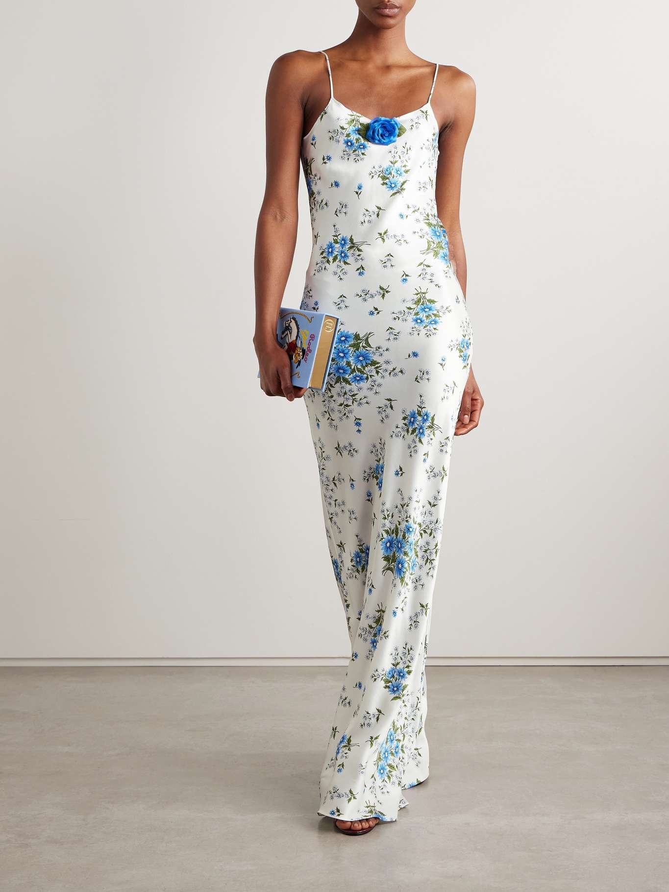 Embellished floral-print silk-satin maxi dress Blue - 2
