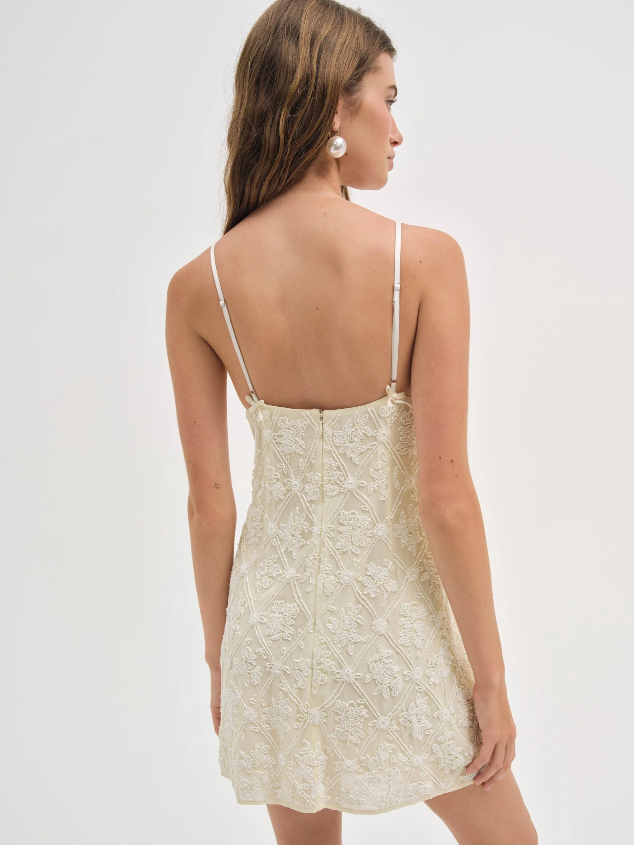For Love & Lemons Bridget Beaded Mini Dress - CD3675-SP25-CREAM | REVERSIBLE For Love & Lemons Bridget Beaded Mini Dress - CD3675-SP25-CREAM | REVERSIBLE