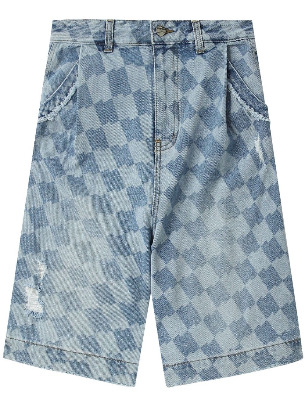 distressed checkerboard-print shorts - 1