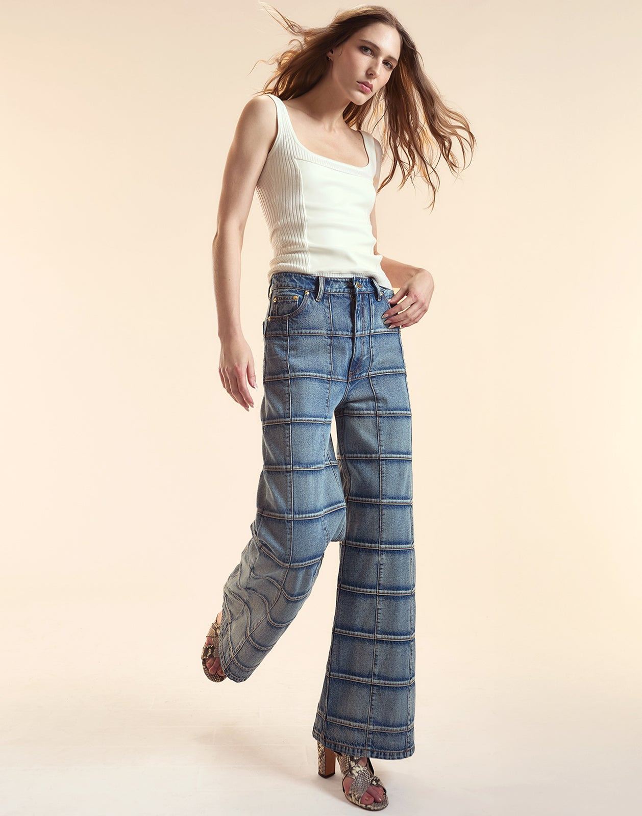 Windowpane Wide-Leg Jeans - 2