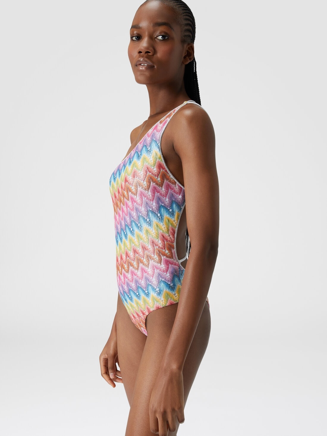 One-shoulder swimsuit in coated lace - 4