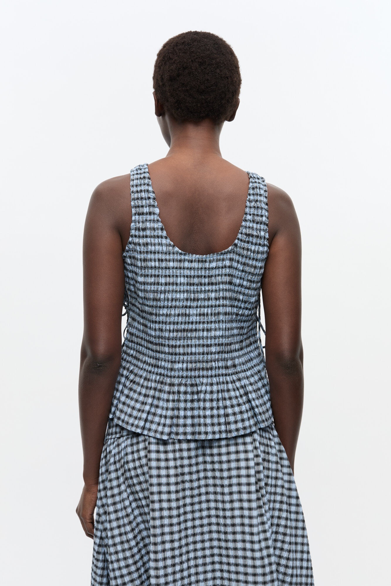 BLUE SEERSUCKER CHECK SMOCK TIE STRING TOP - 4