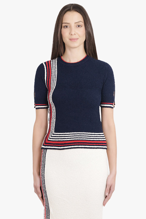 BOUCLE STRIPE DETAIL S/S KNIT TOP | NAVY/WHITE/RED - 3