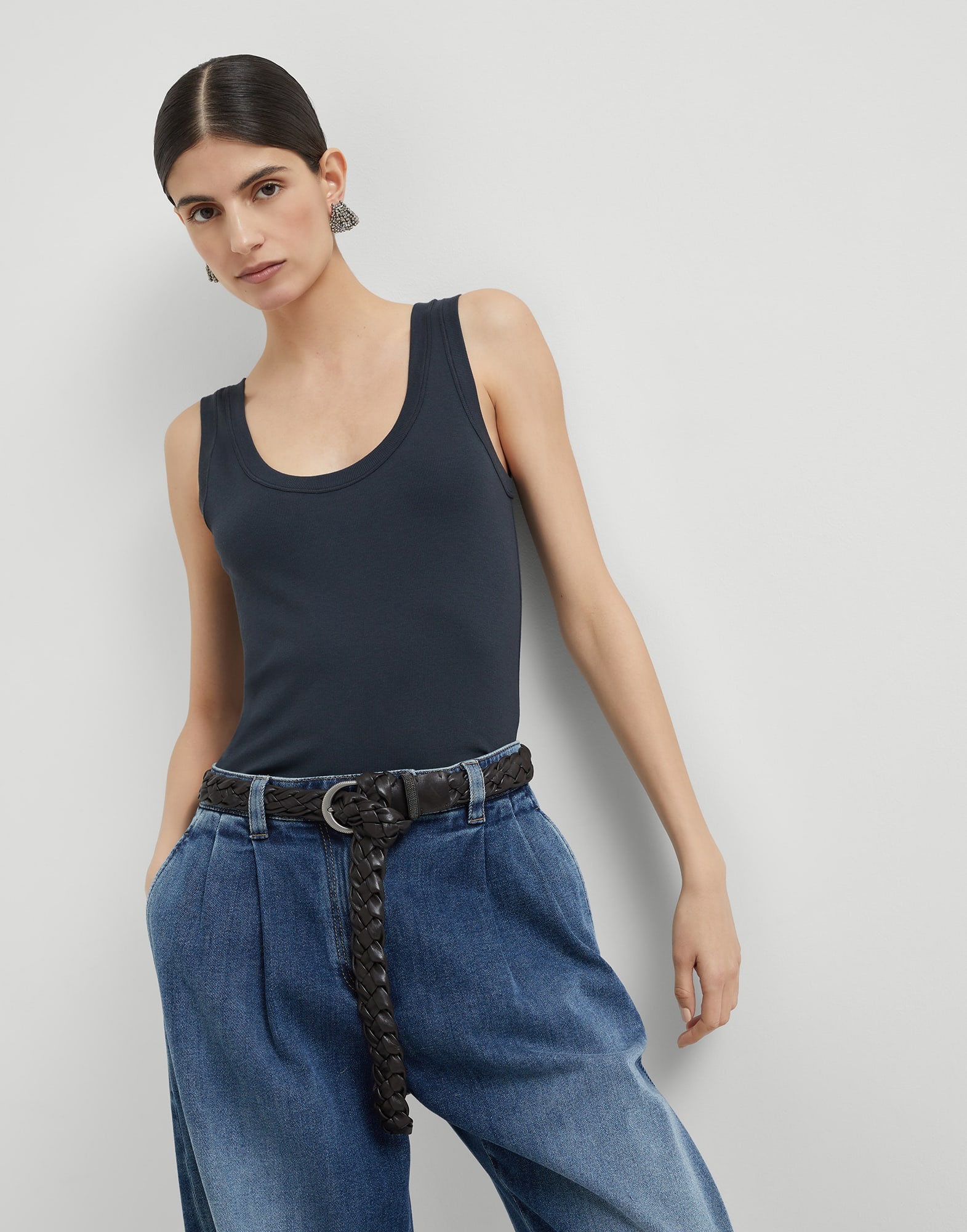 Stretch cotton ribbed jersey top with monili - 4