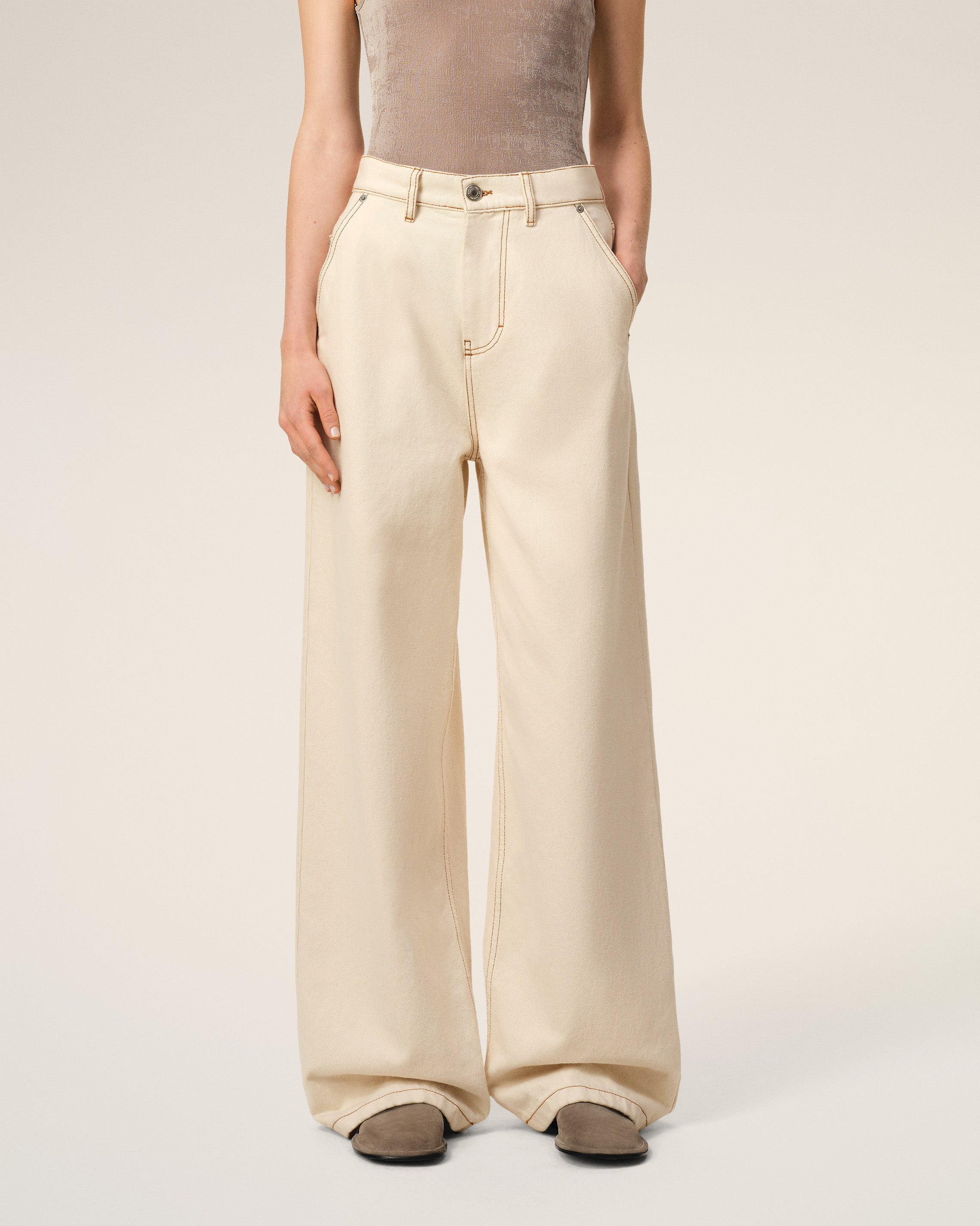 BEIGE COTTON WIDE FIT JEANS - 3