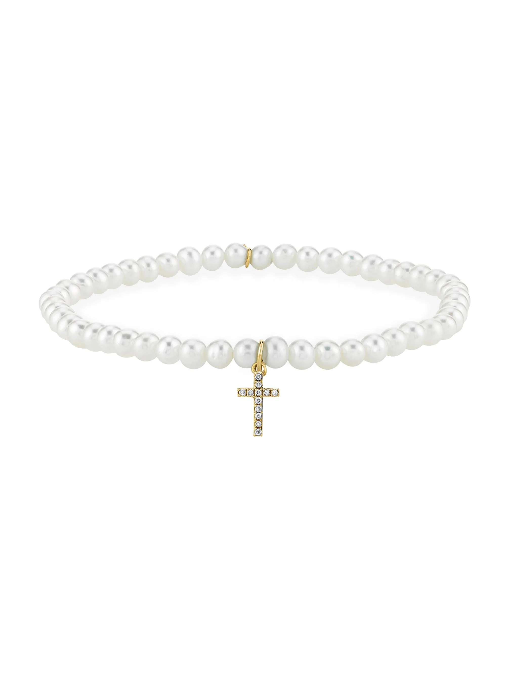 Women's 14K Yellow Gold, 0.06 TCW Diamond & Pearl Bead Stretch Bracelet - White - 1