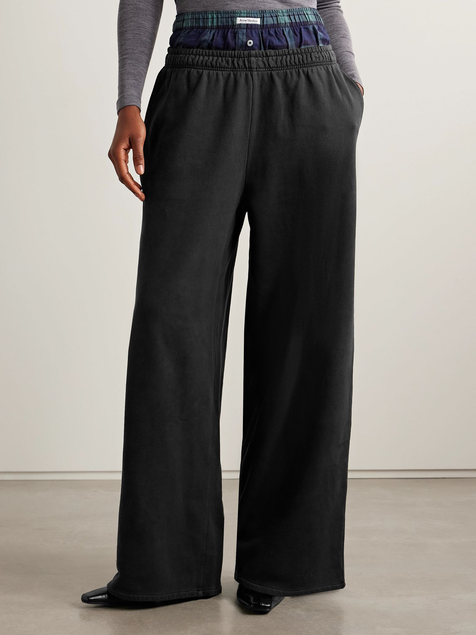 Layered organic cotton-jersey and checked flannel track pants Black - 3