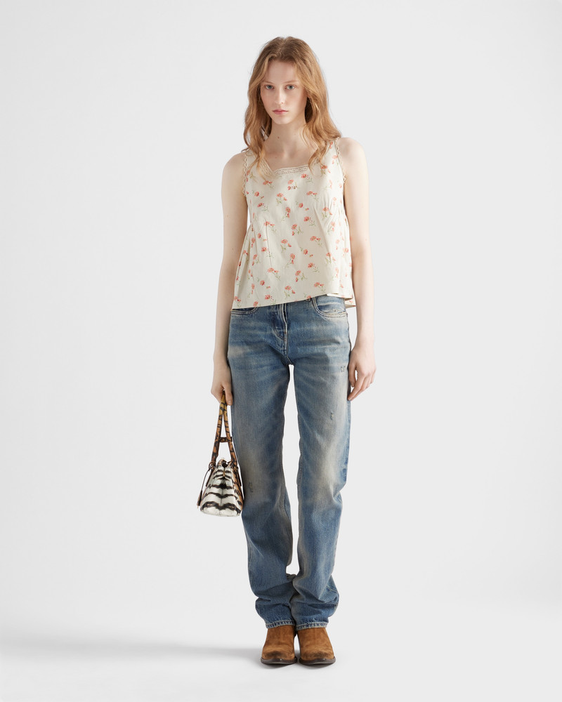Prada Embroidered floral print linen top outlook
