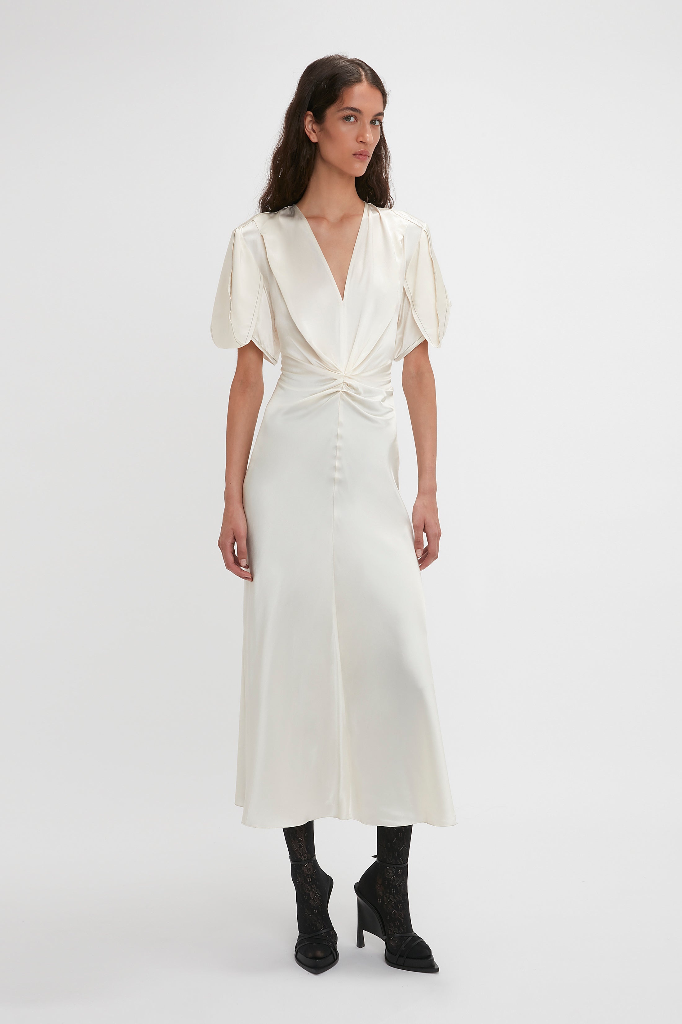 Gathered V-Neck Midi Dress In Ivory - 2