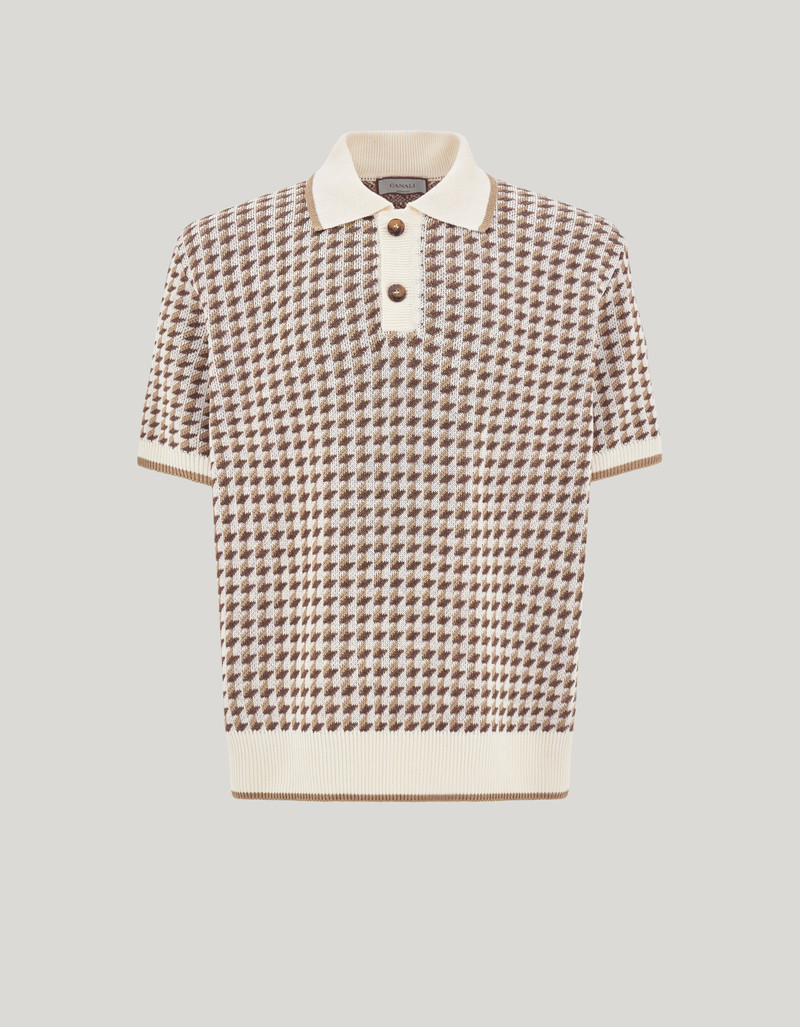 BEIGE SHORT-SLEEVED LINEN AND SILK JACQUARD POLO SHIRT WITH HOUNDSTOOTH PATTERN 1