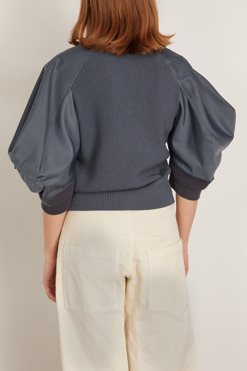 Nylon Twill and Knit Cardigan in Blue Gray 4