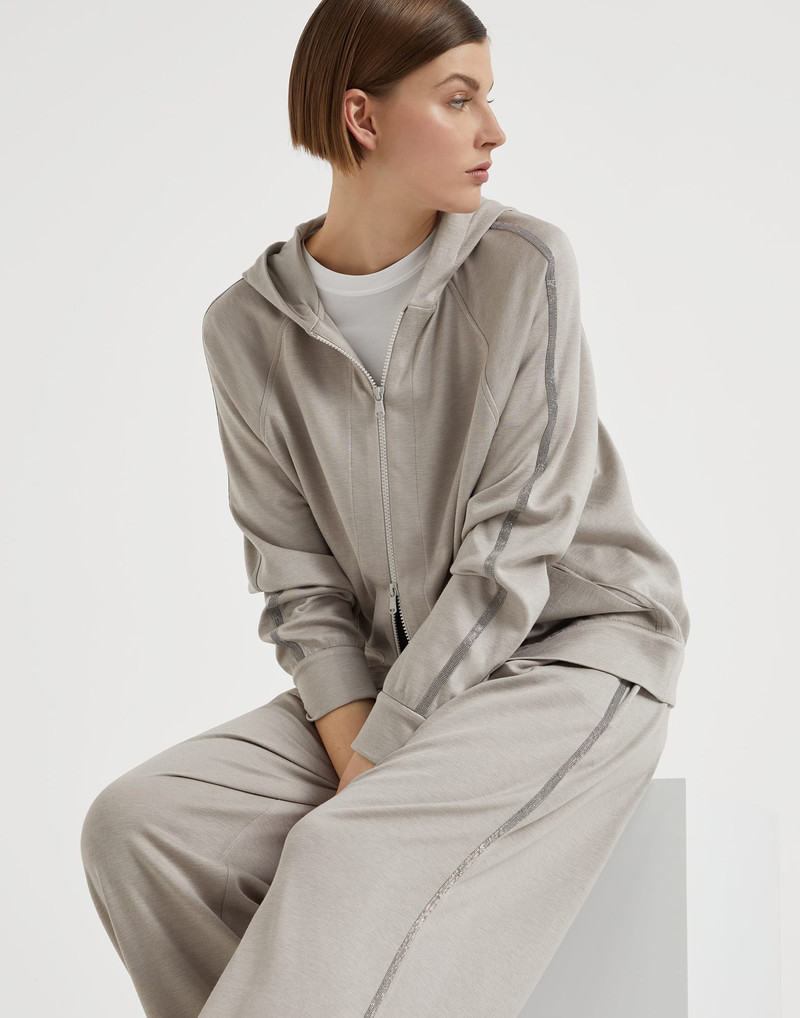 Cotton and silk interlock hooded sweatshirt with precious stripe 4
