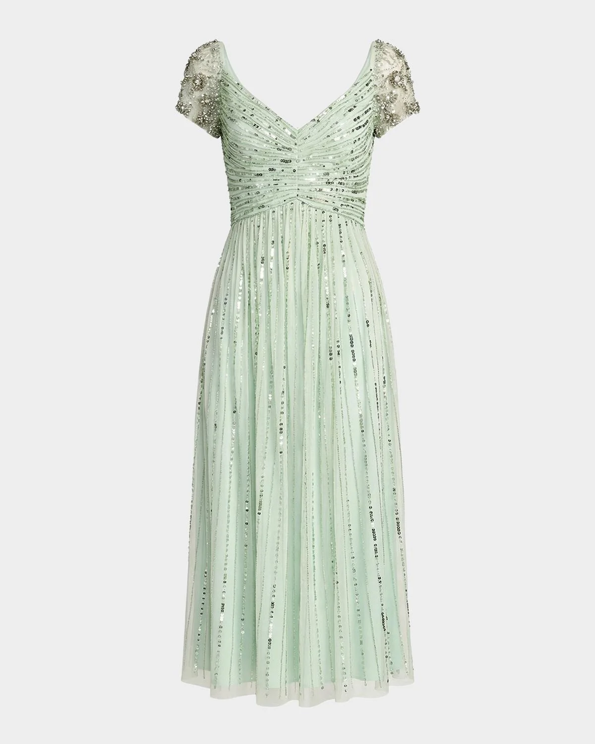 Ruched Bead and Sequin Mesh Midi Dress - 1