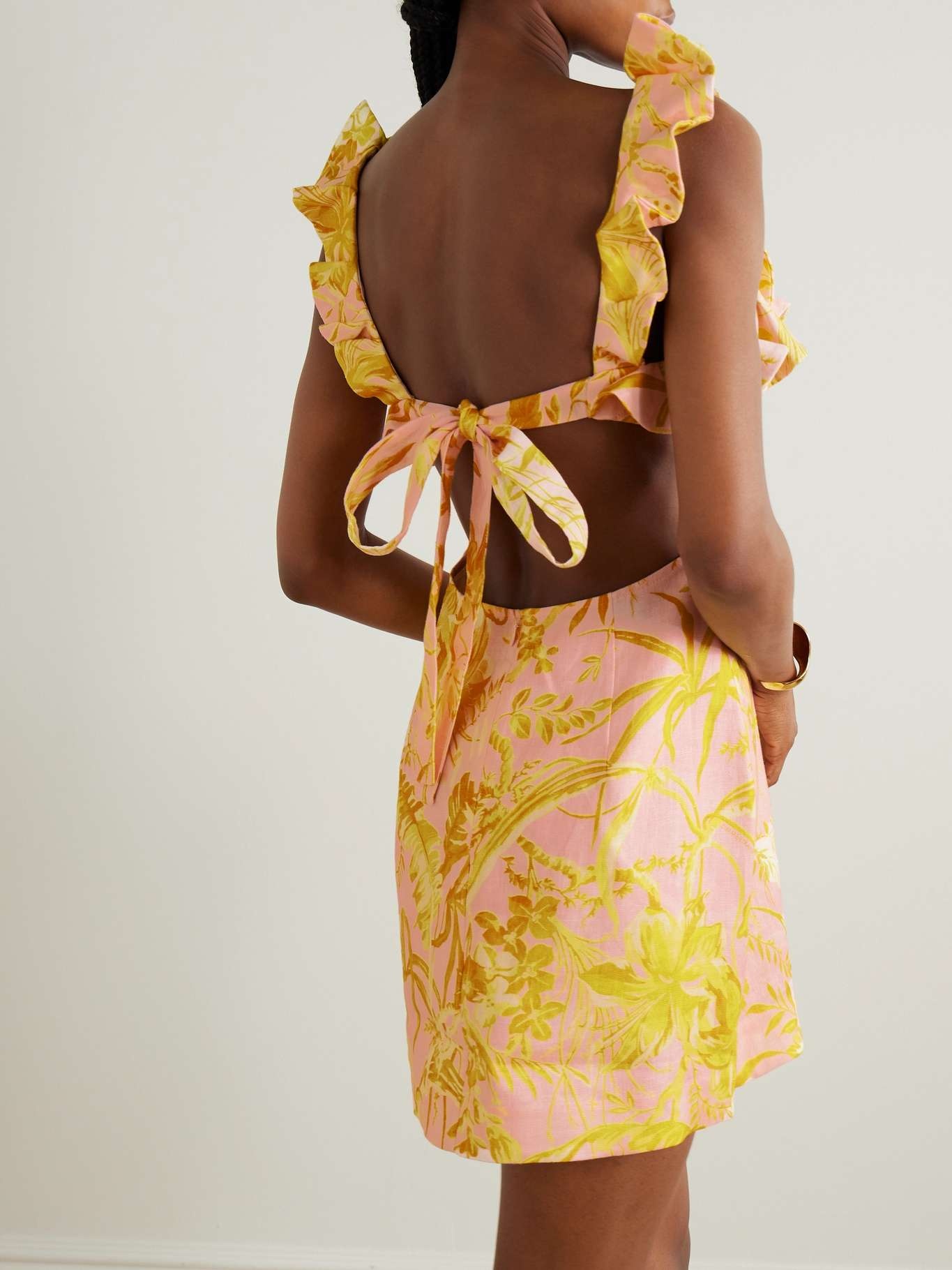 Golden bow-detailed open-back ruffled floral-print linen mini dress - 3
