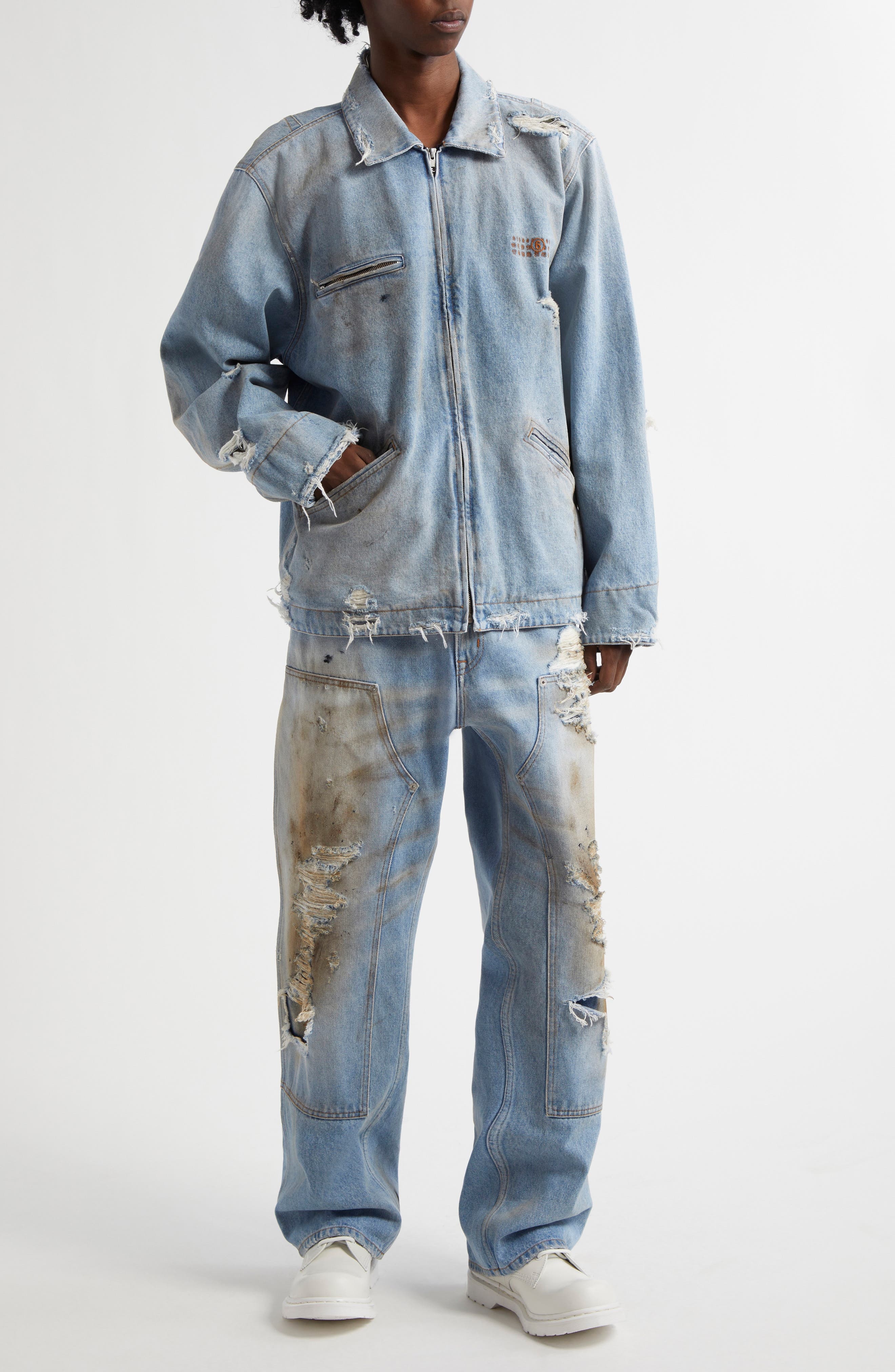 MM6 Maison Margiela Distressed Denim Chore Jacket in Medium Blue at Nordstrom - 2