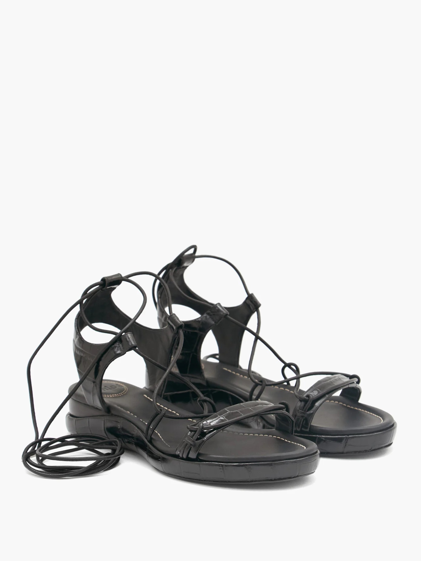 Lace-up crocodile-effect leather sandals - 5