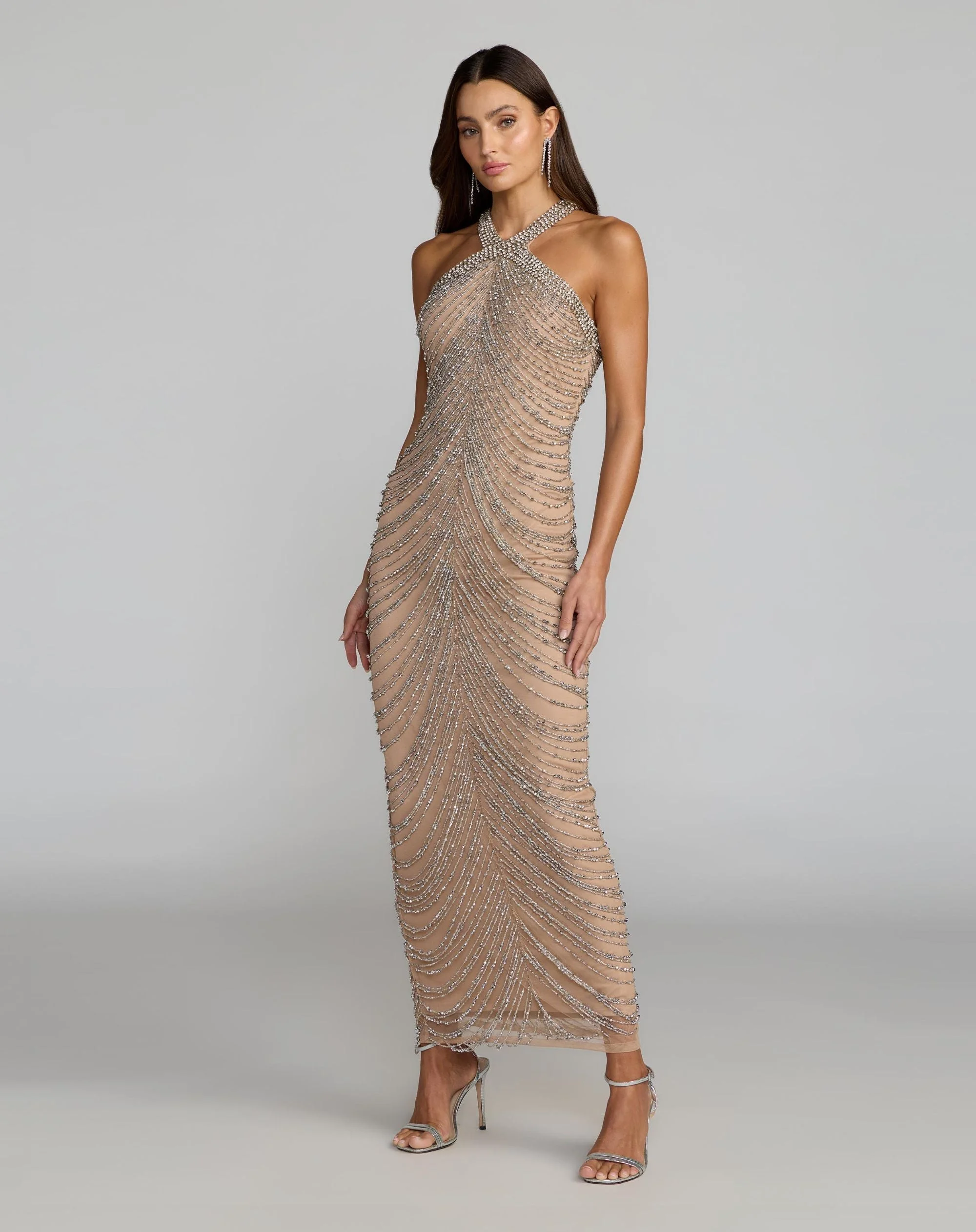 Beige Halter Neck Embellished Maxi Dress - 1